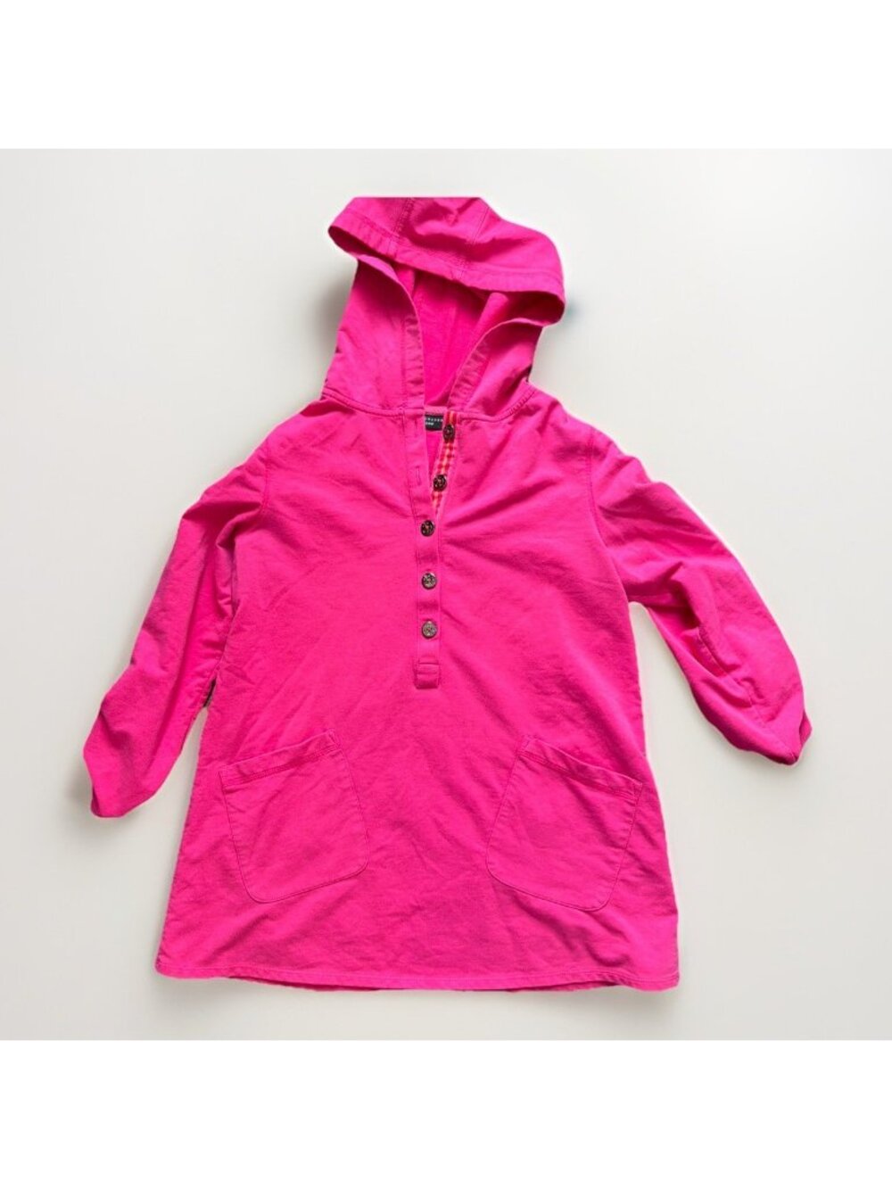 Susan Graver Weekend Pink Tunic Top Roll Tab Sleeve Hooded Pockets Women's Sz S